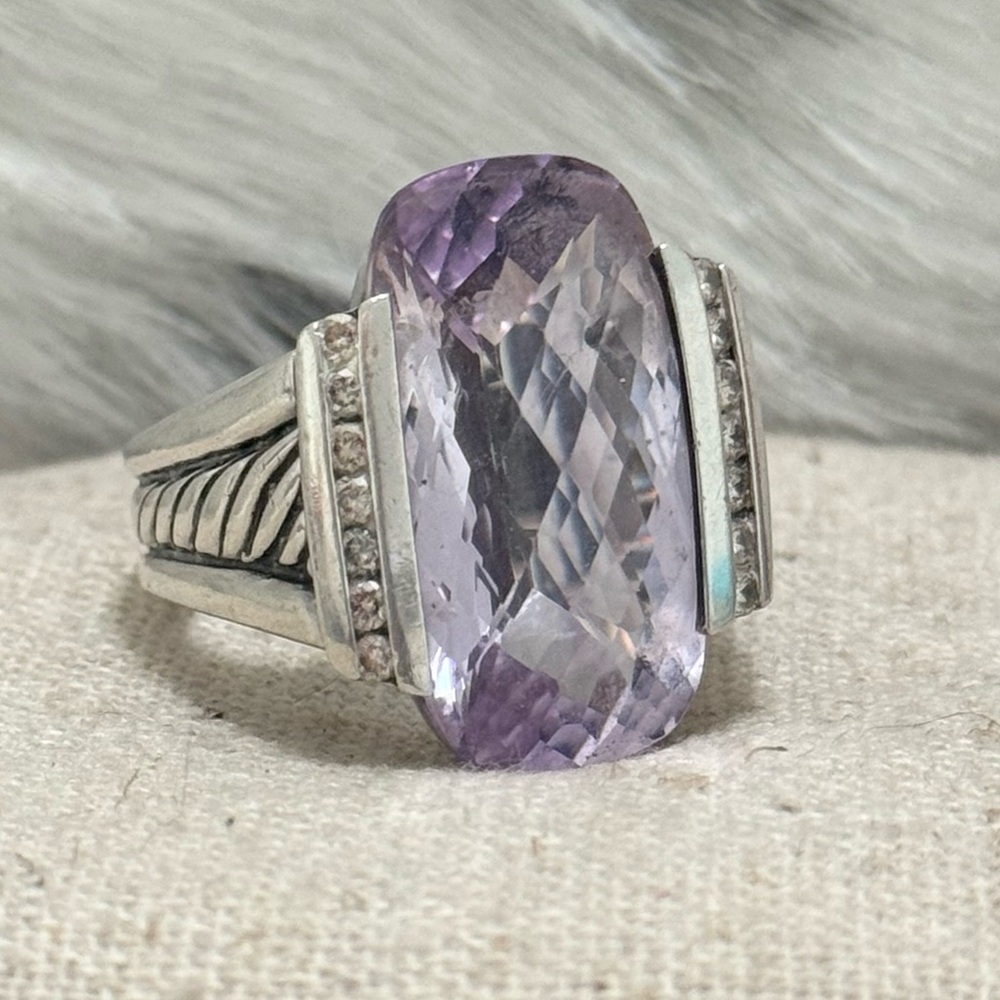 David Yurman .925 Lavender Amethyst Diamond Deco Ring Sz 7